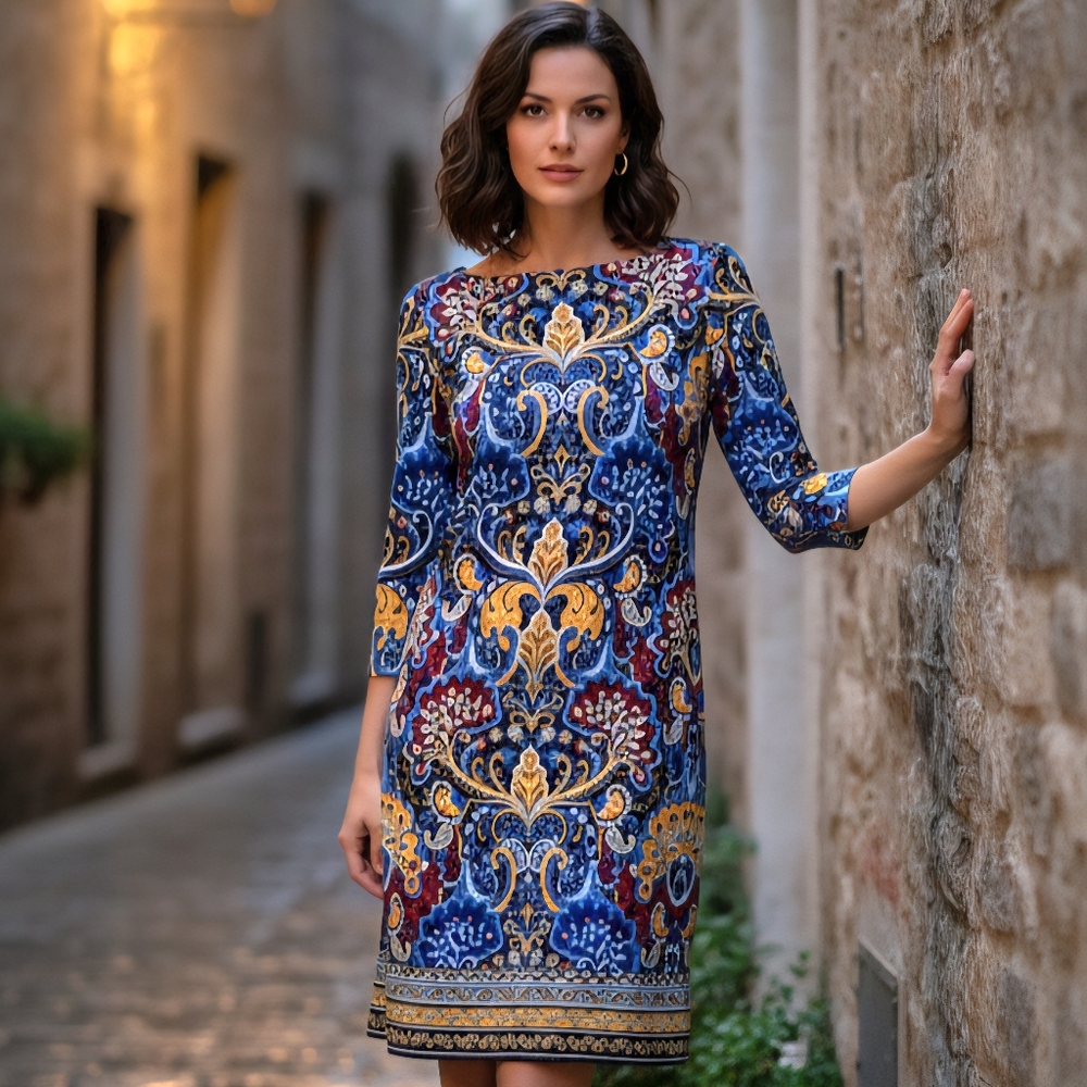 Talbots Paisley Medallion Shift Dress Sz LP Petite Blue Gold 3/4 Sleeve Stretch